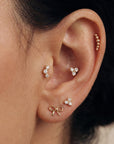 Three Bezel CZ Stone Curve Bar Ear Piercing 14k Solid Gold Flat Back (SINGLE or PAIR)
