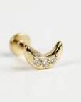Tiny moon flat back stud earrings in 14k solid gold with cubic zirconia, internally threaded cartilage piercing jewelry