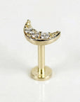 Small crescent moon cubic zirconia earring in 14k gold, internally threaded flat back stud for tragus piercing