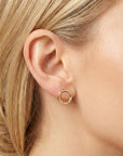 Hammered circle stud earrings 10mm worn on ear, minimalist gold filled everyday stud earrings