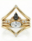 Pear salt and pepper diamond cluster ring set in 14k yellow gold, rustic wedding band stacking ring