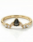 Pear salt and pepper diamond cluster ring in 14k yellow gold with rose cut diamonds, rustic stacking ring