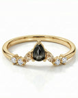 Pear salt and pepper diamond cluster ring in 14k yellow gold with rose cut diamonds, rustic stacking ring