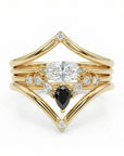 Rose Cut Pear Shape Salt and Pepper Diamond Ring 14k Yellow Gold