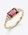 baguette pink tourmaline ring in 14k gold with diamond cluster, art deco engagement ring, october birthstone gemstone ring