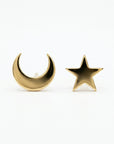 Minimalist 14k solid gold crescent moon and star earrings on neutral background, celestial jewelry gift idea