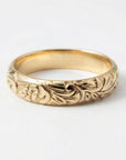 Floral 14k gold wedding band with Art Nouveau design, nature inspired botanical promise ring