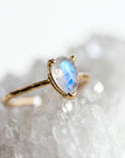 14k Gold Pear Cut Rainbow Moonstone Ring