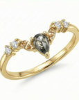 14k yellow gold pear salt and pepper diamond cluster ring with rose cut diamonds, minimalist stacking ring