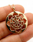 14k solid gold heart chakra medallion necklace with Anahata symbol on delicate gold chain