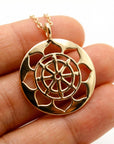 14k solid gold heart chakra medallion necklace with Anahata symbol on delicate gold chain