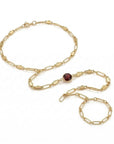 Garnet hand chain bracelet gold filled with round bezel set gemstone, delicate slave bracelet