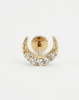 Cz Crescent Moon Earring 14k Solid Gold, Internally Threaded Flat Back Cartilage Earring