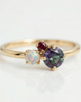 Dainty 14k gold cluster ring with alexandrite, opal, and ruby gemstones, minimalist birthstone promise ring, delicate handmade fine jewelry gift for her