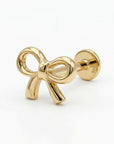14k gold ribbon bow earrings flat back internally threaded stud cartilage tragus piercing jewelry