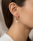 Rose Gold Dangle Hoops with Pearl, Pearl Hoop Earrings