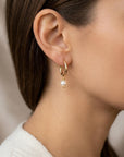 Rose Gold Dangle Hoops with Pearl, Pearl Hoop Earrings