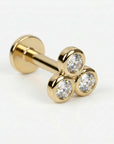 Small lotus style trio CZ stud in 14k gold flat back internally threaded labret earring