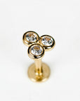 Three CZ Diamond Threaded Labret Studs Earrings 14k Solid Gold (SINGLE)