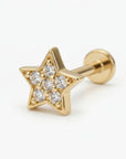 14k solid gold cubic zirconia star flat back earrings with internally threaded labret posts, tiny celestial cartilage studs for tragus and helix piercing jewelry gift