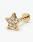 14k solid gold cubic zirconia star flat back earrings with internally threaded labret posts, tiny celestial cartilage studs for tragus and helix piercing jewelry gift