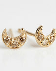 Champagne Diamond Crescent Moon Earrings 14k Solid Gold, Tiny Sailor Moon Studs, Celestial Jewelry Gift (Pair)