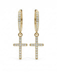 14k solid gold diamond cross huggie earrings with dangling cross charm, christian religious gold hoop earrings gift for her