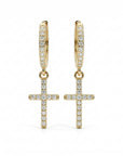14k solid gold diamond cross huggie earrings with dangling cross charm, christian religious gold hoop earrings gift for her