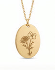 Birth Flower Bouquet Oval Disc Necklace, Combined Family Birth Flower Necklace