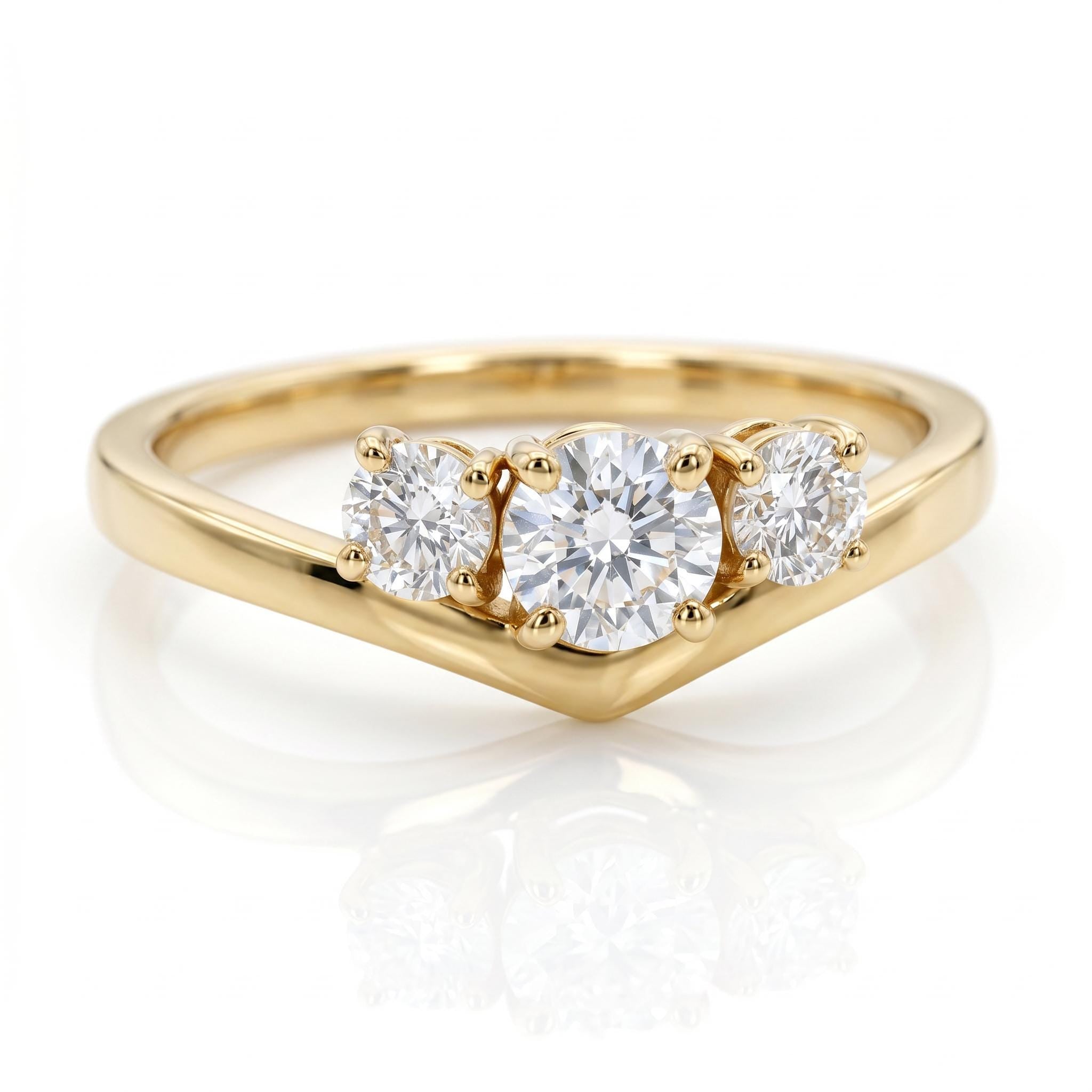 Three Stone Diamond Engagement Ring 14k Gold, Chevron Stacking Bridal Ring, Curved Dainty Wedding Band 14k rose gold / 6 3/4 Three Stone Diamond Engagement Ring 14k Gold, Chevron Stacking Bridal Ring, Curved Dainty Wedding Band 14k rose gold / 6 3/4