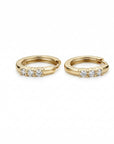 small 14k gold huggie hoop earrings with three lab grown diamonds, dainty diamond trio hoops, minimalist bridal jewelry, everyday gold earrings gift for her