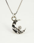 14k White Gold Diamond Crescent Moon Necklace – Hammered Celestial Pendant - Melt'm Jewelry