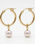 Rose Gold Dangle Hoops with Pearl, Pearl Hoop Earrings