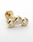 Three Bezel CZ Stone Curve Bar Ear Piercing 14k Solid Gold Flat Back (SINGLE or PAIR)