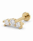 Three Stone Bar Ear Piercing 14k Solid Gold, Flat Back Earrings (SINGLE or PAIR) - Melt'm Jewelry