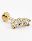 Three Stone Bar Ear Piercing 14k Solid Gold, Flat Back Earrings (SINGLE or PAIR)