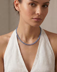 Cube Aquamarine Necklace, 3mm Micro Faceted Beads on Navy Silk - Melt'm Jewelry