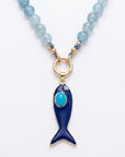 Aquamarine Charm Holder Necklace, 16 Inch Silk Thread Hand Knotted Gemstone Choker, Gold Filled Beaded Necklace with Removable Charms