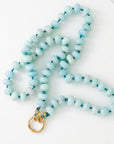 Blue Opal Gemstone Necklace, Rondelle Beads on Silk, Hand Knotted Strand with Gold Filled Charm Holder