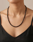 Black Spinel Bead Necklace, 2.5mm Faceted Round Gemstone Strand on Silk, Hand Knotted 17-19 Inch Necklace with Gold Filled Heart Extender - Melt'm Jewelry