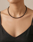 Black Spinel Bead Necklace, 2.5mm Faceted Round Gemstone Strand on Silk, Hand Knotted 17-19 Inch Necklace with Gold Filled Heart Extender