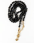 Black Spinel Bead Necklace, 2.5mm Faceted Round Gemstone Strand on Silk, Hand Knotted 17-19 Inch Necklace with Gold Filled Heart Extender