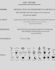 A chart displaying font options: Modern, Script, Typewriter, Roman Numerals, and various symbols for engraving.