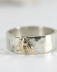 Honey Bee Ring, Sterling Silver Hammered Band and Gold Bee Ring - Melt'm Jewelry