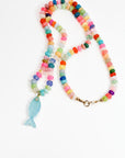 Disco Opal Silk Hand Knotted Necklace with Chalcedony Fish Charm, Gold Filled Lobster Clasp