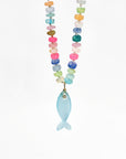 Disco Opal Silk Hand Knotted Necklace with Chalcedony Fish Charm, Gold Filled Lobster Clasp