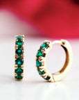 Emerald Huggie Earrings 14K Gold, Lab Grown Emerald Hoop Earrings, 15mm Solid Gold Huggies, Green Gemstone Fine Jewelry