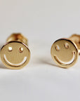 Smiley Face Stud Earrings 14k Solid Gold, Tiny Gold Studs - Melt'm Jewelry