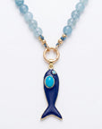 Aquamarine Charm Holder Necklace, 16 Inch Silk Thread Hand Knotted Gemstone Choker - Melt'm Jewelry