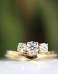 Macro shot of the gold three-stone diamond ring with a blurred natural green background.